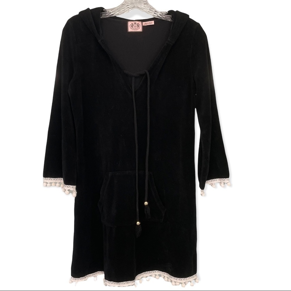 Juicy Couture Black Terrycloth Dress Beach Coverup Robe Loungewear, Ball Fringe 
